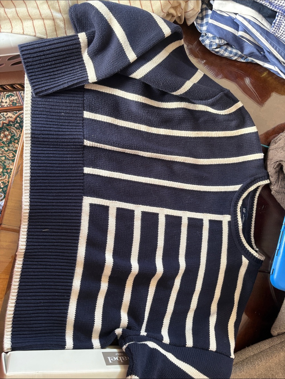 GAP Navy and Cream Striped Crewneck Sweater